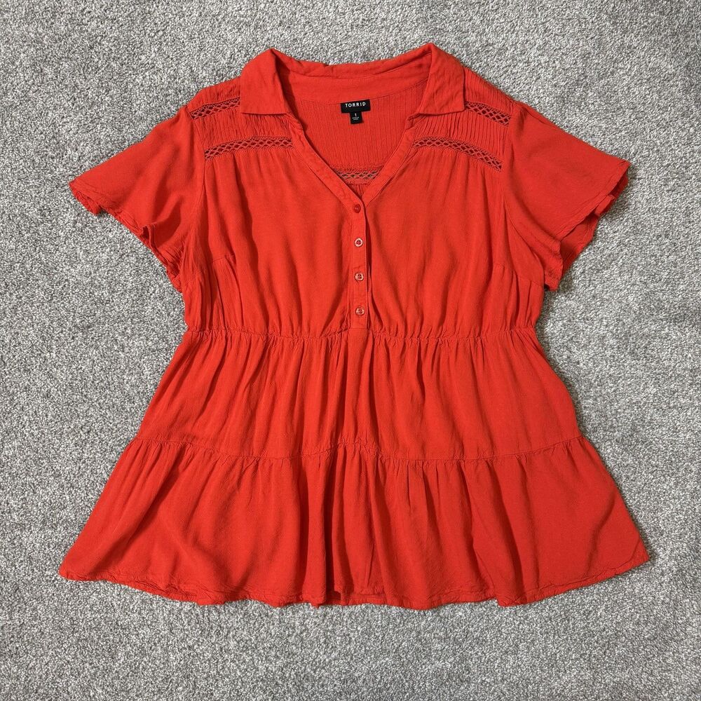 Torrid Blouse Womens 1 Red Collared Crochet Button Front Peplum Tunic Top